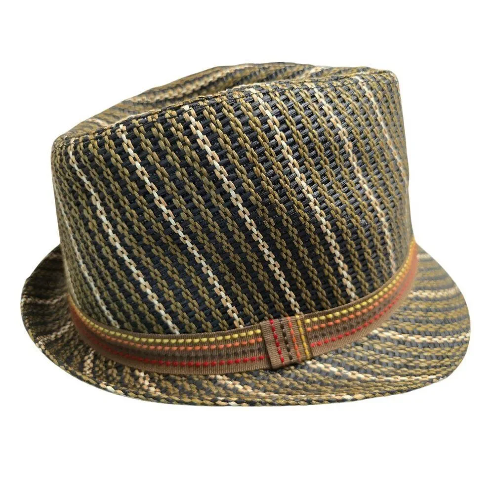 Vintage Woven Straw Fedora Hat With Multicolor Striped Band Hipster Summer